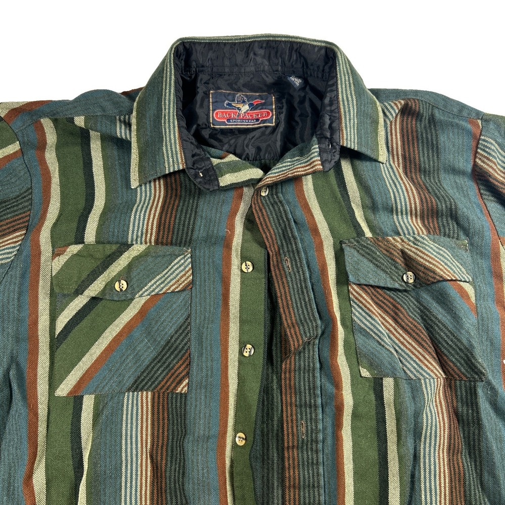 Backpacker Sportswear Mens Vtg Flannel Shirt Green Brown Plaid Flap Pocket Sz XL